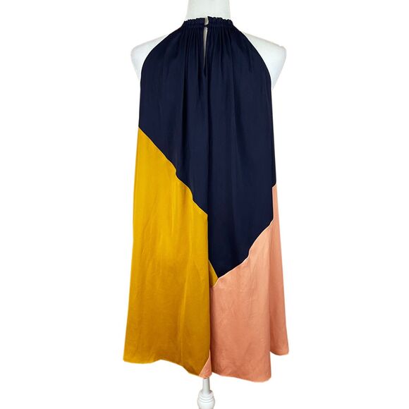 LOFT Colorblock Halter Swing Dress Size XS Navy Gold Peachy-Pink Light & Flowy - Picture 4 of 7